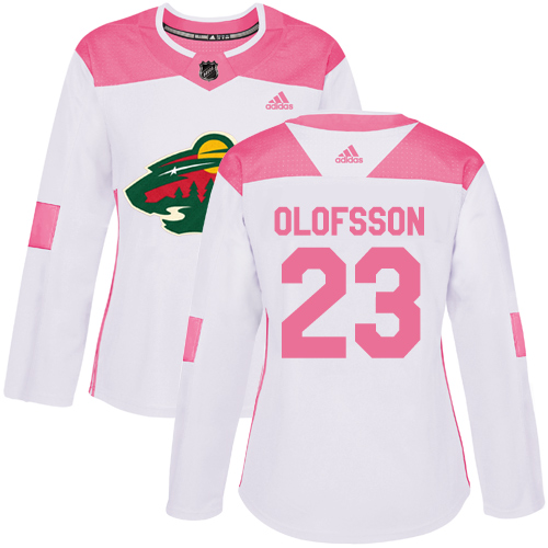 Women's Adidas Minnesota Wild #23 Gustav Olofsson Authentic White/Pink Fashion NHL Jersey