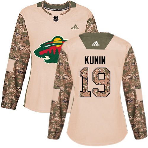 Women's Adidas Minnesota Wild #19 Luke Kunin Authentic Camo Veterans Day Practice NHL Jersey