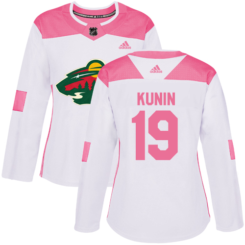 Women's Adidas Minnesota Wild #19 Luke Kunin Authentic White/Pink Fashion NHL Jersey