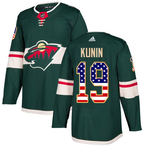 Men's Adidas Minnesota Wild #19 Luke Kunin Authentic Green USA Flag Fashion NHL Jersey