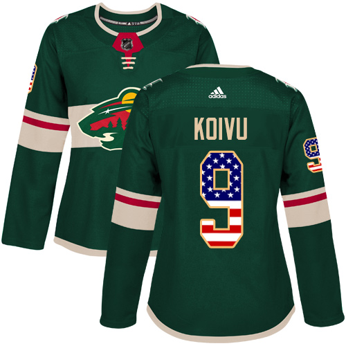 Women's Adidas Minnesota Wild #9 Mikko Koivu Authentic Green USA Flag Fashion NHL Jersey