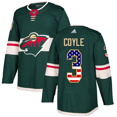 Men's Adidas Minnesota Wild #3 Charlie Coyle Authentic Green USA Flag Fashion NHL Jersey