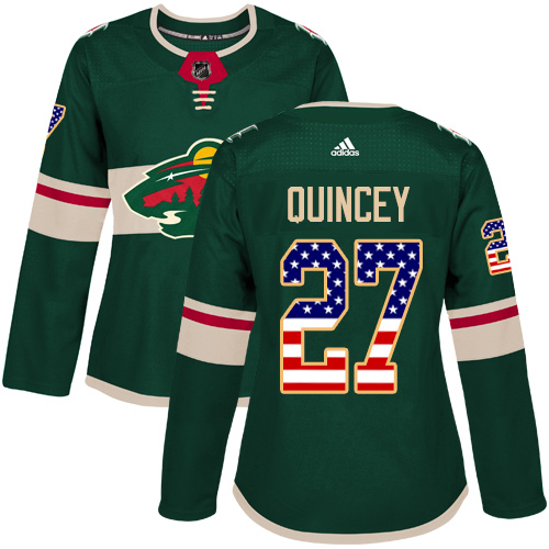 Women's Adidas Minnesota Wild #27 Kyle Quincey Authentic Green USA Flag Fashion NHL Jersey