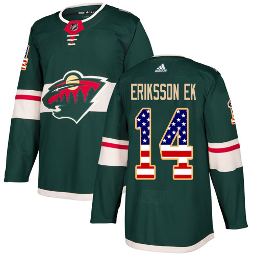 Men's Adidas Minnesota Wild #14 Joel Eriksson Ek Authentic Green USA Flag Fashion NHL Jersey