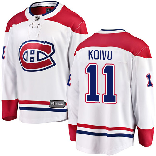 Men's Montreal Canadiens #11 Saku Koivu Authentic White Away Fanatics Branded Breakaway NHL Jersey