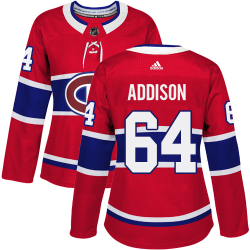 Women's Adidas Montreal Canadiens #64 Jeremiah Addison Authentic Red Home NHL Jersey