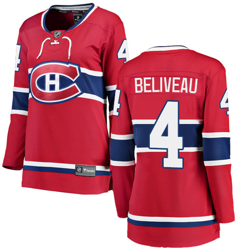 Women's Montreal Canadiens #4 Jean Beliveau Authentic Red Home Fanatics Branded Breakaway NHL Jersey