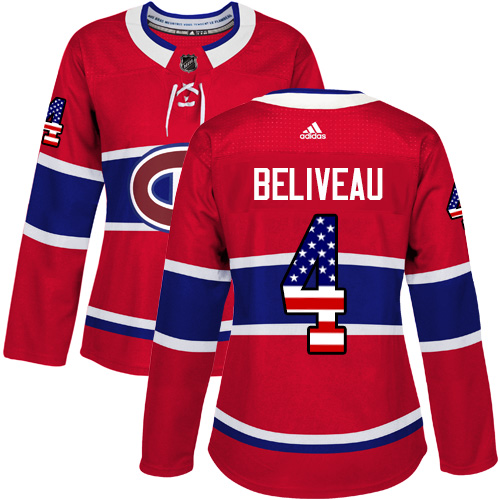Women's Adidas Montreal Canadiens #4 Jean Beliveau Authentic Red USA Flag Fashion NHL Jersey