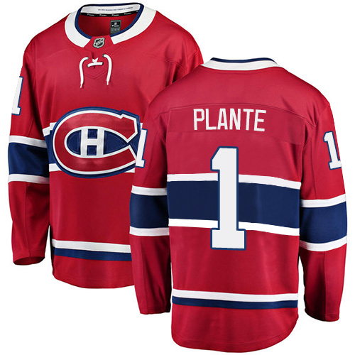 Men's Montreal Canadiens #1 Jacques Plante Authentic Red Home Fanatics Branded Breakaway NHL Jersey