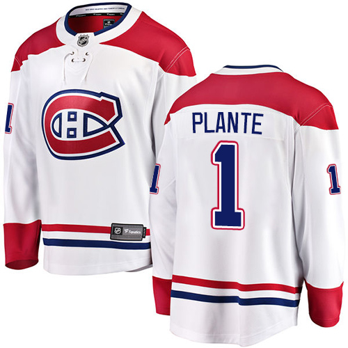 Men's Montreal Canadiens #1 Jacques Plante Authentic White Away Fanatics Branded Breakaway NHL Jersey