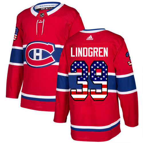 Men's Adidas Montreal Canadiens #39 Charlie Lindgren Authentic Red USA Flag Fashion NHL Jersey
