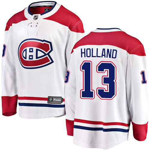 Men's Montreal Canadiens #13 Peter Holland Authentic White Away Fanatics Branded Breakaway NHL Jersey