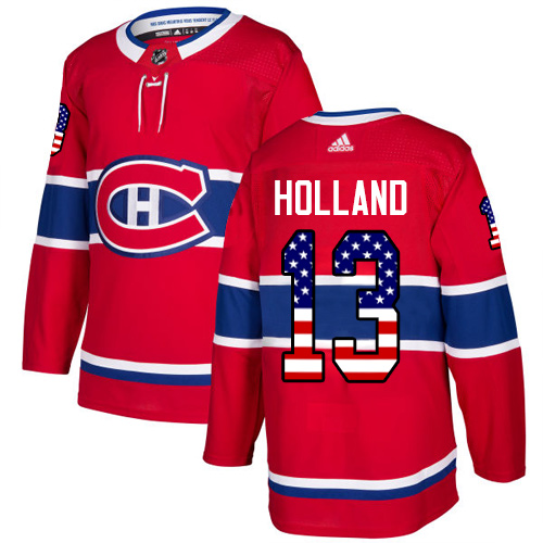 Men's Adidas Montreal Canadiens #13 Peter Holland Authentic Red USA Flag Fashion NHL Jersey