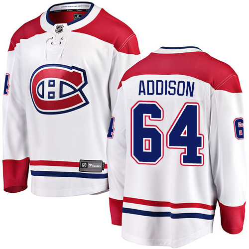 Men's Montreal Canadiens #64 Jeremiah Addison Authentic White Away Fanatics Branded Breakaway NHL Jersey