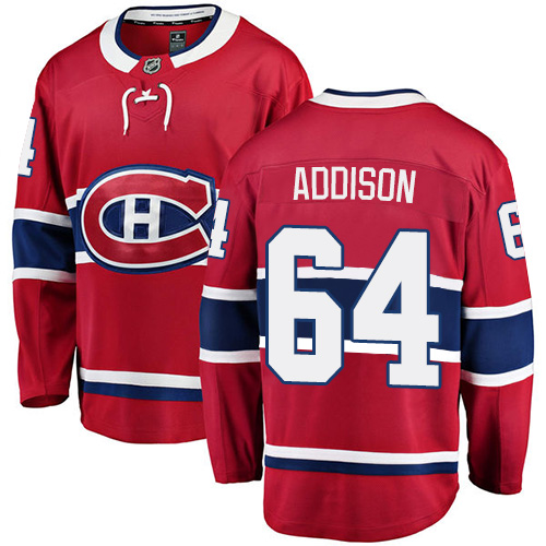 Youth Montreal Canadiens #64 Jeremiah Addison Authentic Red Home Fanatics Branded Breakaway NHL Jersey