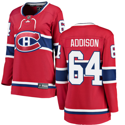 Women's Montreal Canadiens #64 Jeremiah Addison Authentic Red Home Fanatics Branded Breakaway NHL Jersey