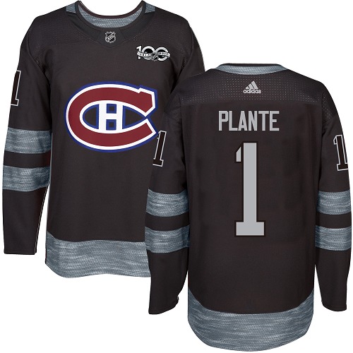 Men's Adidas Montreal Canadiens #1 Jacques Plante Premier Black 1917-2017 100th Anniversary NHL Jersey