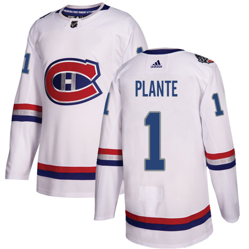 Men's Adidas Montreal Canadiens #1 Jacques Plante Authentic White 2017 100 Classic NHL Jersey