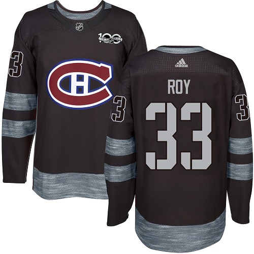 Men's Adidas Montreal Canadiens #33 Patrick Roy Authentic Black 1917-2017 100th Anniversary NHL Jersey