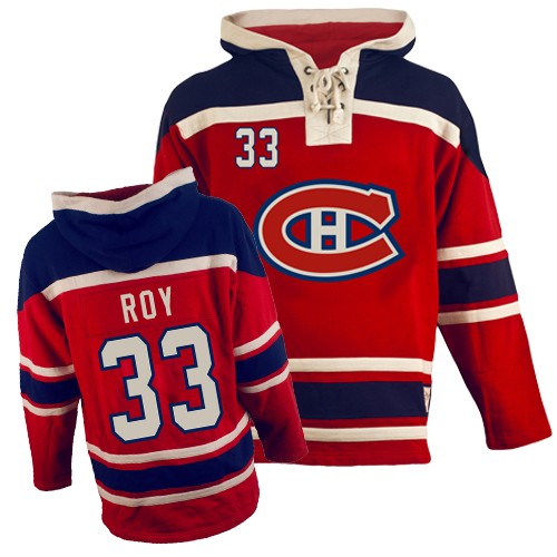 Men's Old Time Hockey Montreal Canadiens #33 Patrick Roy Premier Red Sawyer Hooded Sweatshirt