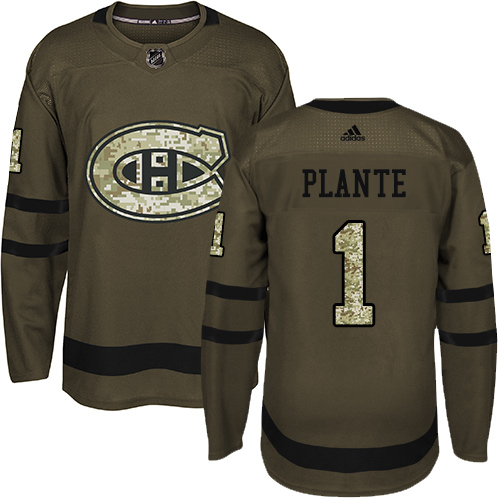 Men's Adidas Montreal Canadiens #1 Jacques Plante Premier Green Salute to Service NHL Jersey
