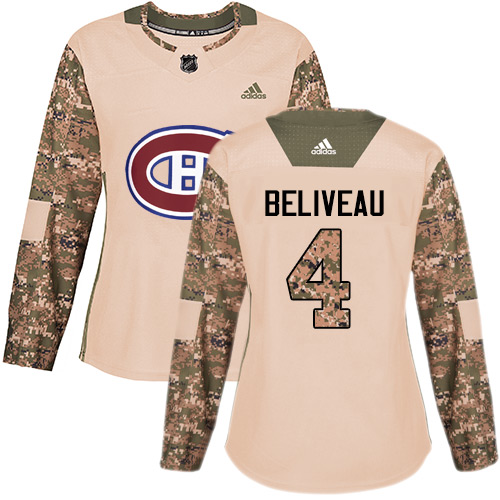 Women's Adidas Montreal Canadiens #4 Jean Beliveau Authentic Camo Veterans Day Practice NHL Jersey