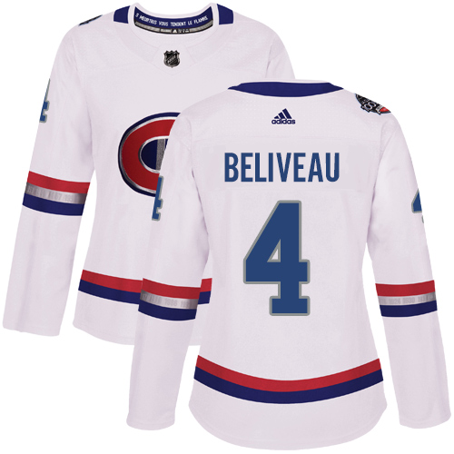 Women's Adidas Montreal Canadiens #4 Jean Beliveau Authentic White 2017 100 Classic NHL Jersey