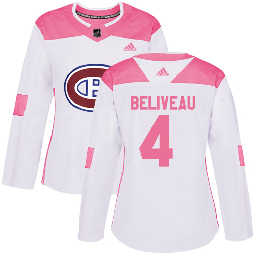 Women's Adidas Montreal Canadiens #4 Jean Beliveau Authentic White/Pink Fashion NHL Jersey