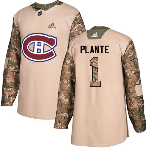 Youth Adidas Montreal Canadiens #1 Jacques Plante Authentic Camo Veterans Day Practice NHL Jersey