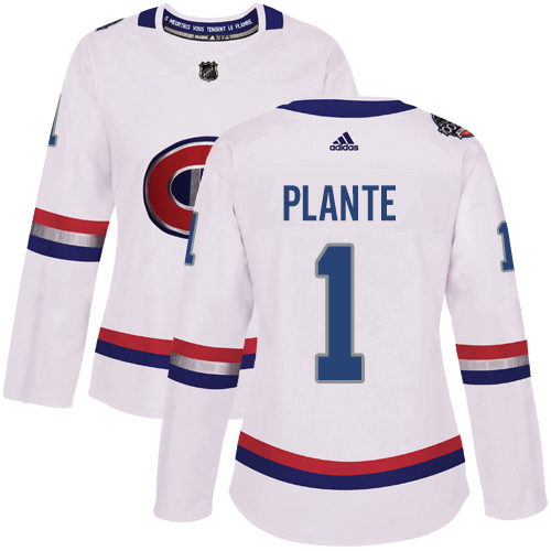Women's Adidas Montreal Canadiens #1 Jacques Plante Authentic White 2017 100 Classic NHL Jersey