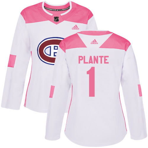 Women's Adidas Montreal Canadiens #1 Jacques Plante Authentic White/Pink Fashion NHL Jersey