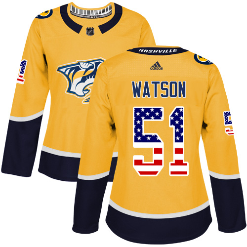 Women's Adidas Nashville Predators #51 Austin Watson Authentic Gold USA Flag Fashion NHL Jersey
