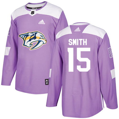 Men's Adidas Nashville Predators #15 Craig Smith Authentic Purple Fights Cancer PracticeNHL Jersey