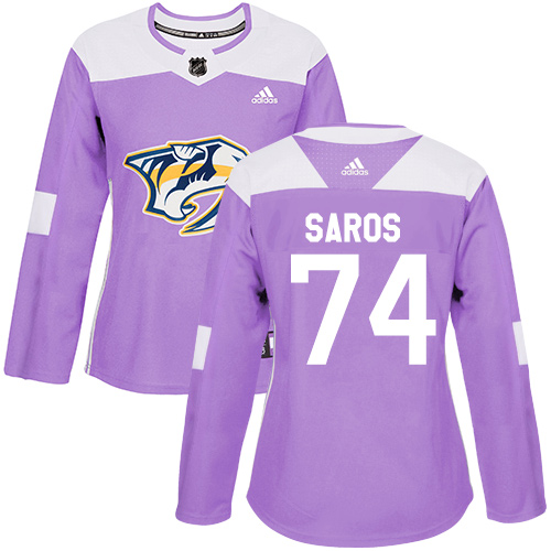 Women's Adidas Nashville Predators #74 Juuse Saros Authentic Purple Fights Cancer Practice NHL Jersey