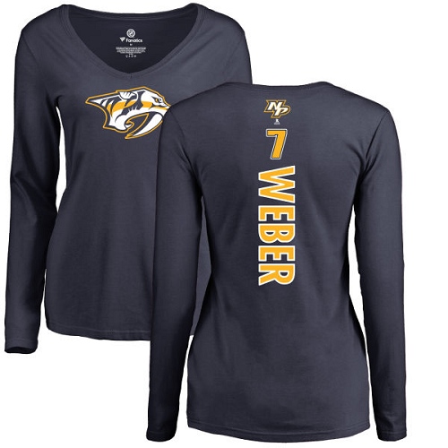NHL Women's Adidas Nashville Predators #7 Yannick Weber Navy Blue Backer Long Sleeve T-Shirt