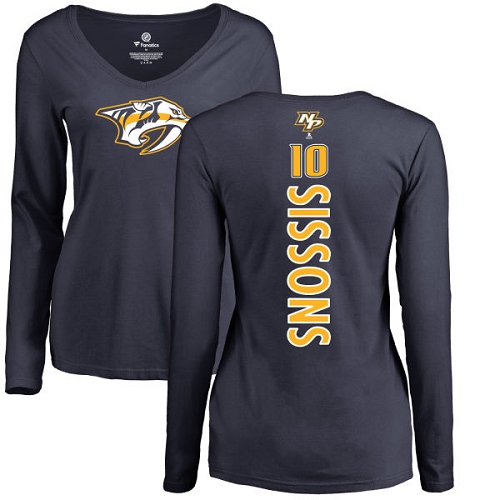 NHL Women's Adidas Nashville Predators #10 Colton Sissons Navy Blue Backer Long Sleeve T-Shirt