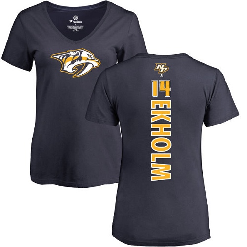NHL Women's Adidas Nashville Predators #14 Mattias Ekholm Navy Blue Backer T-Shirt