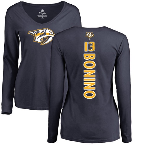 NHL Women's Adidas Nashville Predators #13 Nick Bonino Navy Blue Backer Long Sleeve T-Shirt