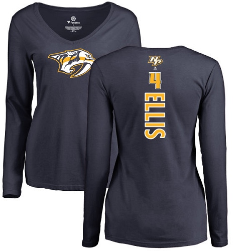 NHL Women's Adidas Nashville Predators #4 Ryan Ellis Navy Blue Backer Long Sleeve T-Shirt