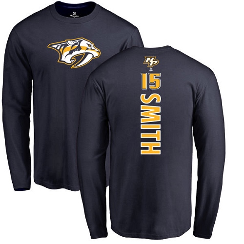 NHL Adidas Nashville Predators #15 Craig Smith Navy Blue Backer Long Sleeve T-Shirt