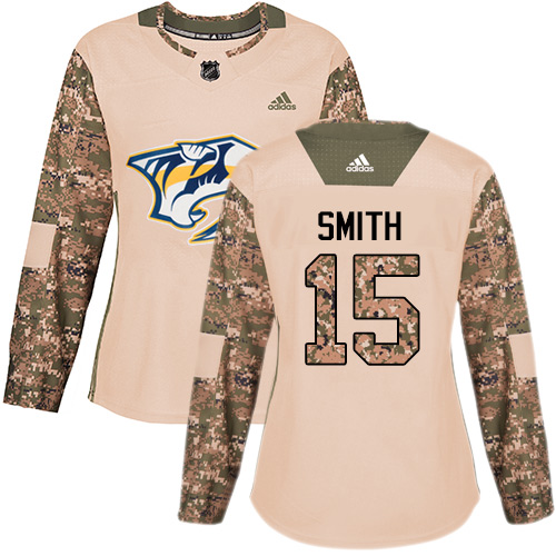 Women's Adidas Nashville Predators #15 Craig Smith Authentic Camo Veterans Day Practice NHL Jersey