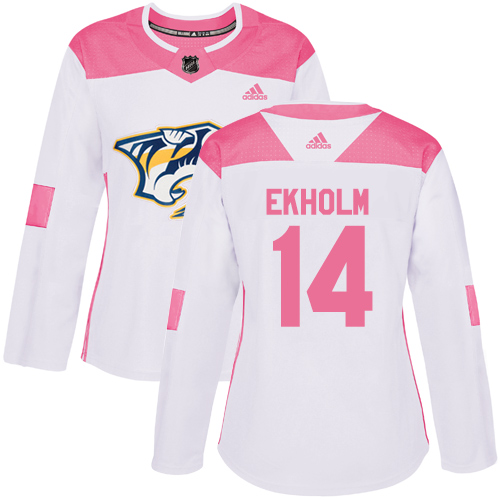 Women's Adidas Nashville Predators #14 Mattias Ekholm Authentic White/Pink Fashion NHL Jersey