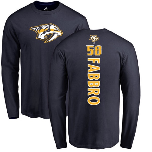 NHL Adidas Nashville Predators #58 Dante Fabbro Navy Blue Backer Long Sleeve T-Shirt