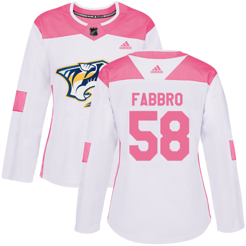 Women's Adidas Nashville Predators #58 Dante Fabbro Authentic White/Pink Fashion NHL Jersey