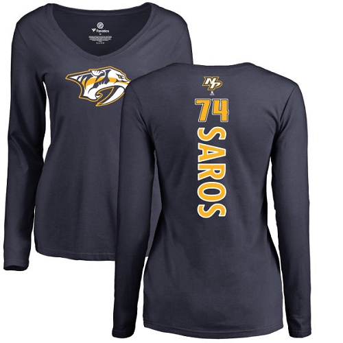 NHL Women's Adidas Nashville Predators #74 Juuse Saros Navy Blue Backer Long Sleeve T-Shirt