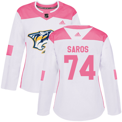 Women's Adidas Nashville Predators #74 Juuse Saros Authentic White/Pink Fashion NHL Jersey