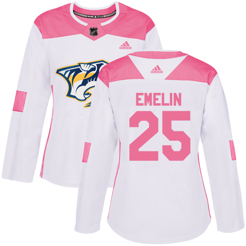 Women's Adidas Nashville Predators #25 Alexei Emelin Authentic White/Pink Fashion NHL Jersey