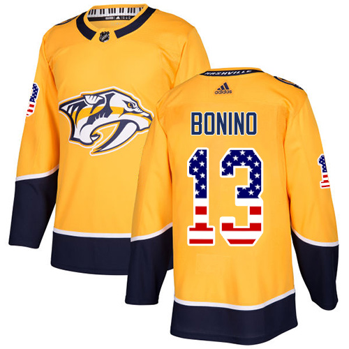 Men's Adidas Nashville Predators #13 Nick Bonino Authentic Gold USA Flag Fashion NHL Jersey