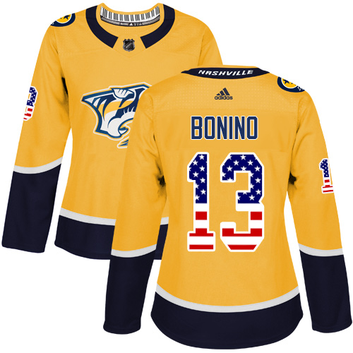 Women's Adidas Nashville Predators #13 Nick Bonino Authentic Gold USA Flag Fashion NHL Jersey