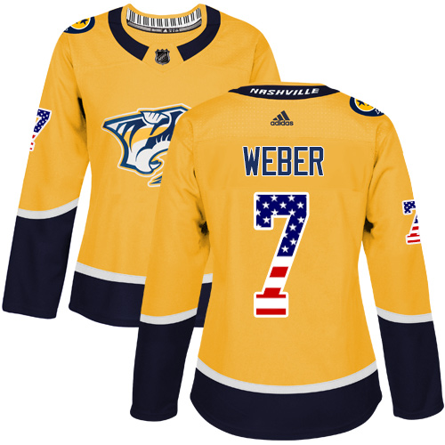 Women's Adidas Nashville Predators #7 Yannick Weber Authentic Gold USA Flag Fashion NHL Jersey